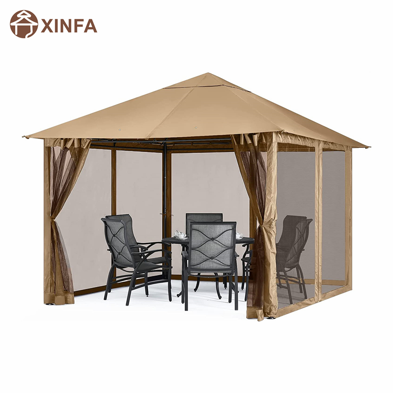 10x 10フィートの屋外パティオガゼボキャノピーは、芝生、庭、裏庭、茶色の蚊帳を備えた蚊網