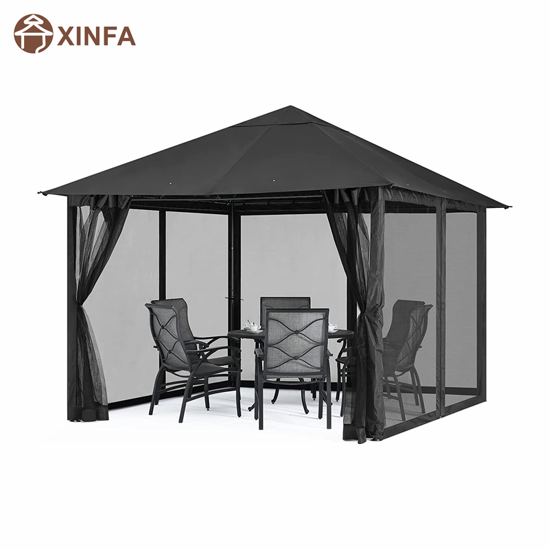 10x 10フィートの屋外パティオガゼボキャノピーは、芝生、庭、裏庭、黒の蚊帳を備えた蚊網を備えています